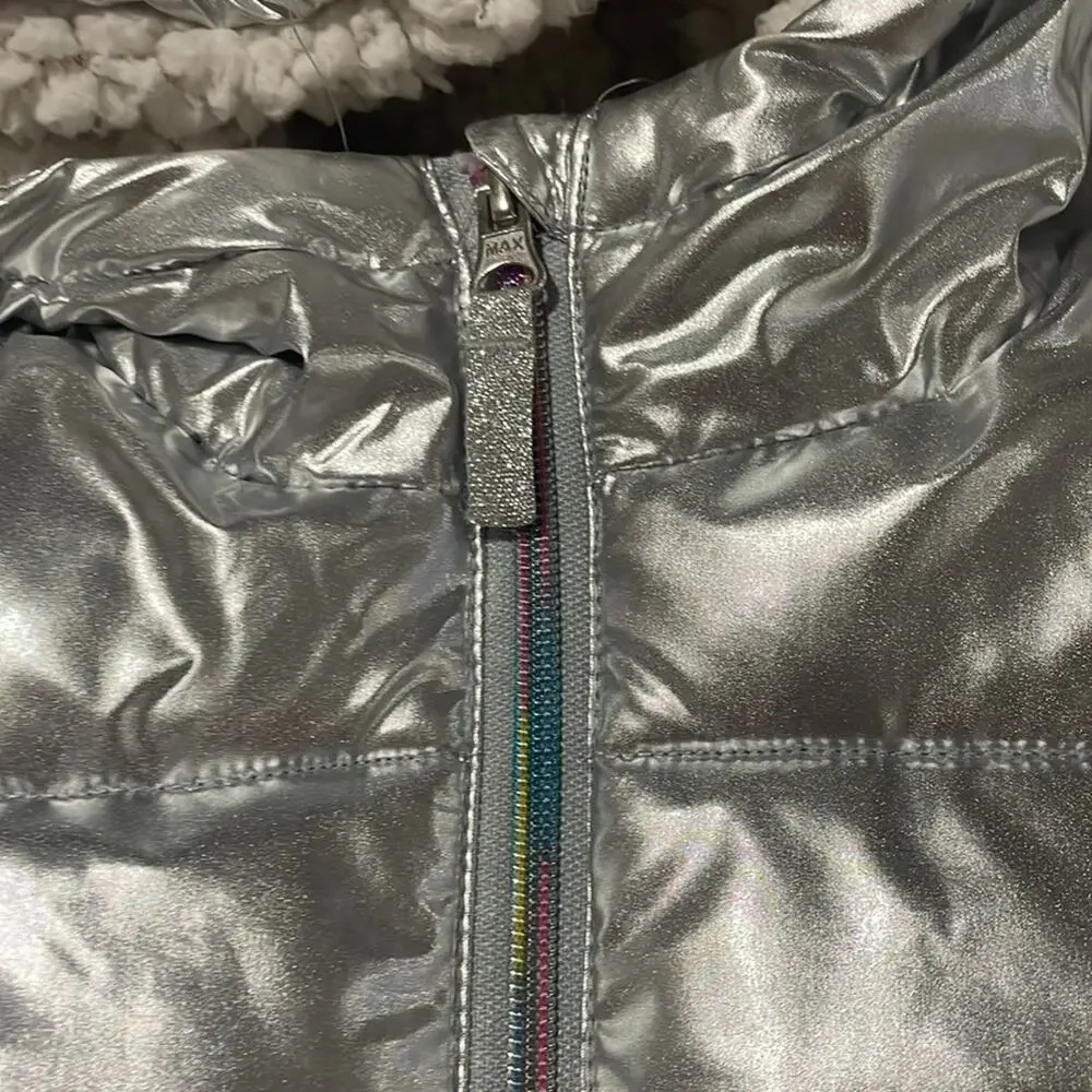 Members Mark 6 silver hooded puffer jacket sherpa lined warm pockets guc